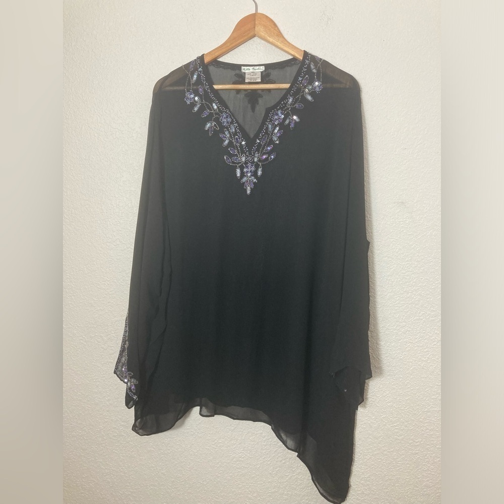 Ulla Popken Asymmetrical sheer blouse fairy beading flared sleeves size 24-26